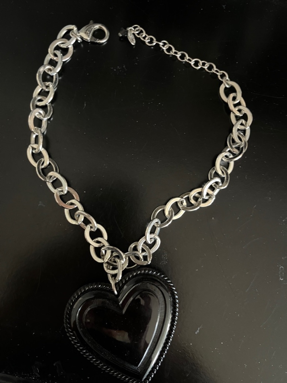 Silver Chain Necklace with Black Heart Pendant - Women's Jewelry - Picture 2 of 2